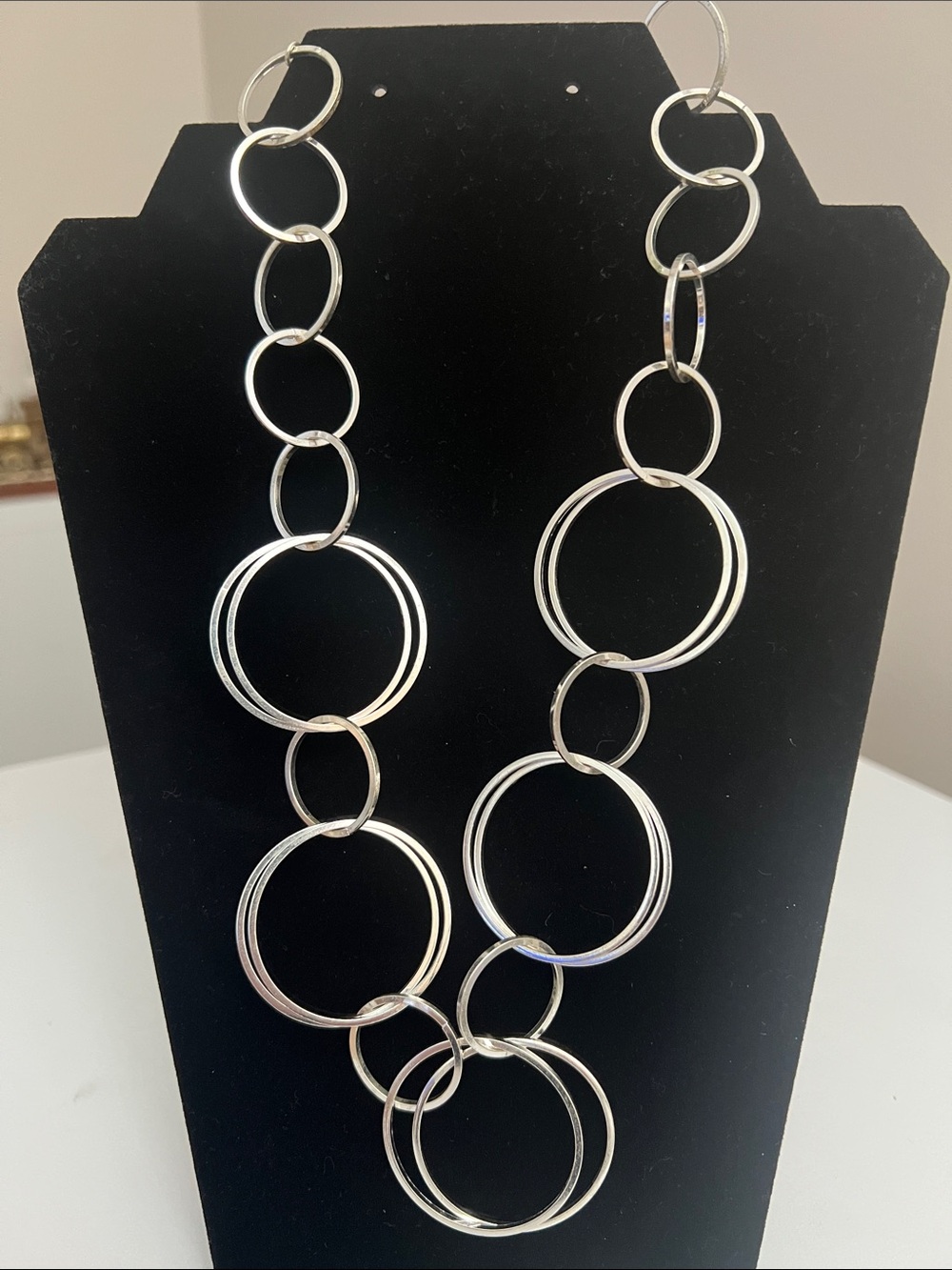 Shiny Silver Tone Multi-Ring Link Necklace - Vintage